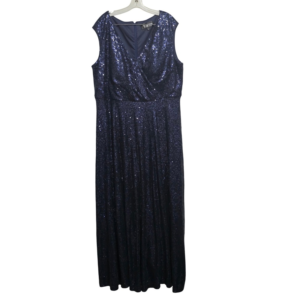 Celebrations by Sydney's Closet Navy Blue Sequin VNeck Maxi Gown Dress Womens 22